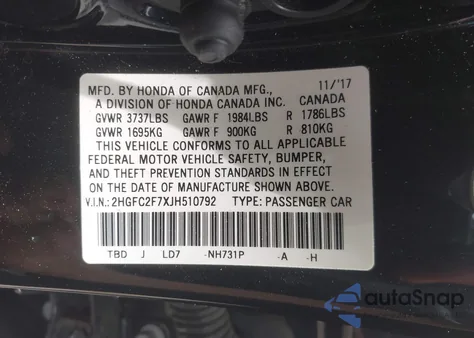 2018 Honda Civic Ex из США, поврежденный, VIN 2HGFC2F7XJH510792